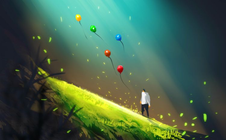 Digital illustration art painting style a man and many colorful air balloons in big cave or geothermal, light beam above green field. freedom, let it be concept.